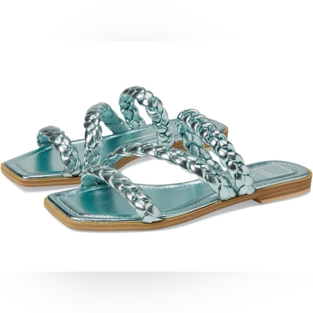 Dolce Vita Inman Braided Flat Square Toe Metallic Blue Women's Sandals Sz.7.5